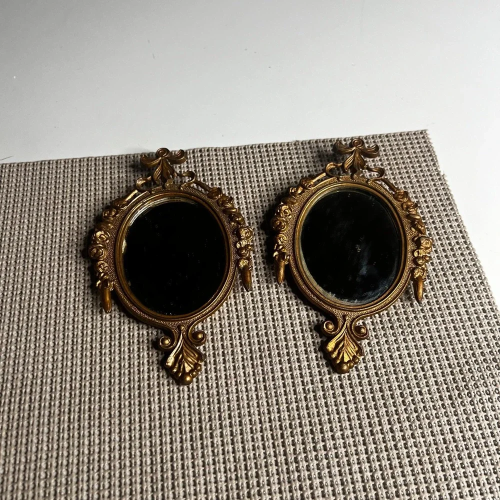 Vintage Made in Italy Ornate Brass Oval Frames Black Convex Glass Pair 4.25